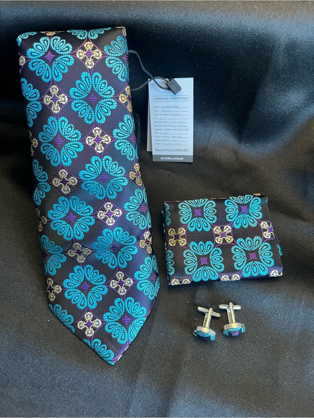 Men's Teal & Purple Floral Silk Tie Set with Pocket Square and Cufflinks - Picture 4 of 4